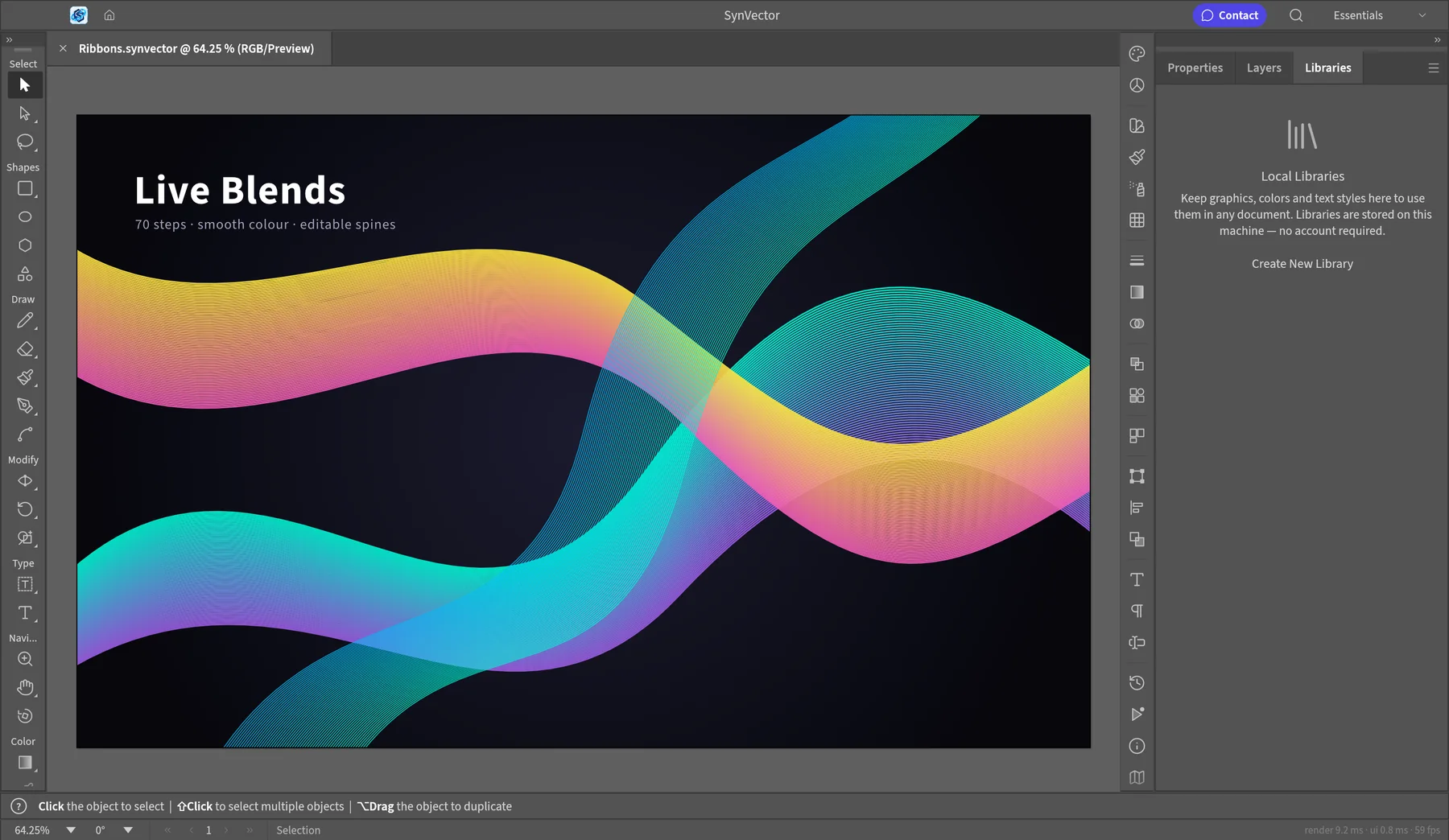 The SynVector editor with the Live Blends artwork open: colourful ribbons on a dark artboard, tools on the left, panels on the right.