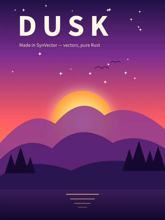 Dusk: a gradient sky, glowing sun and layered mountains