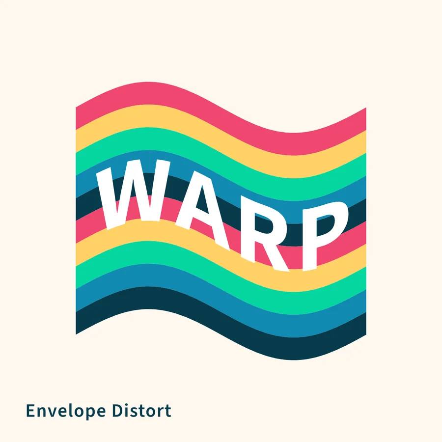 Rainbow stripes and the word WARP bent into a waving flag