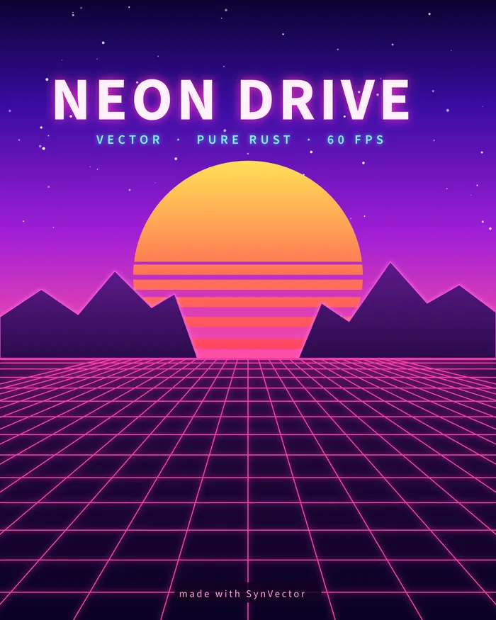 Neon Drive: a synthwave poster with a striped sun over a glowing pink grid