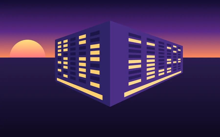 Lit building facades drawn on a two-point perspective grid at sunset