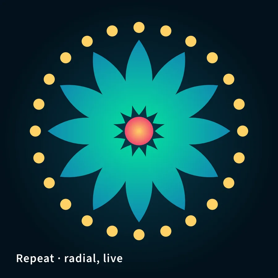 A radial repeat mandala of teal petals around a coral centre
