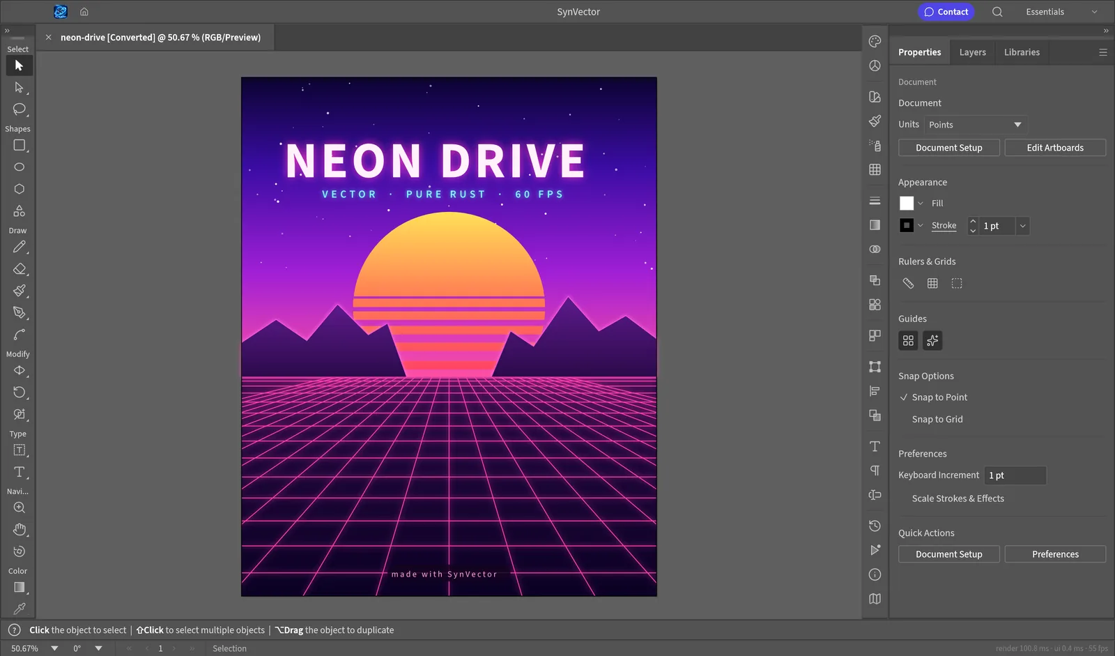 The SynVector editor with a synthwave poster open: tools on the left, the Properties panel on the right.
